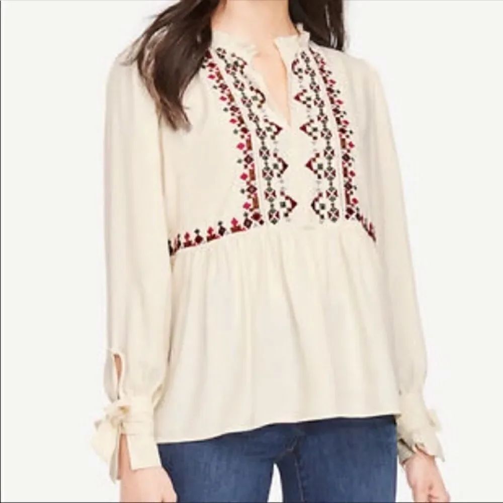 Ann Taylor Embroidered Tie Sleeve Top
